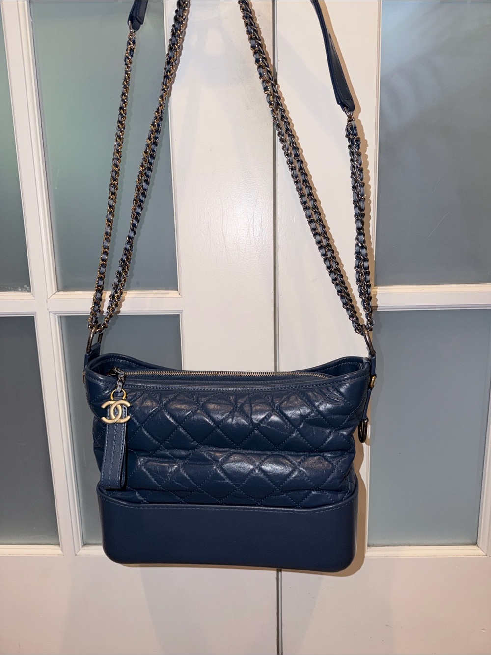Chanel Gabrielle Navy Leather Shoulder Bag with Mixed Metal Chain Strap